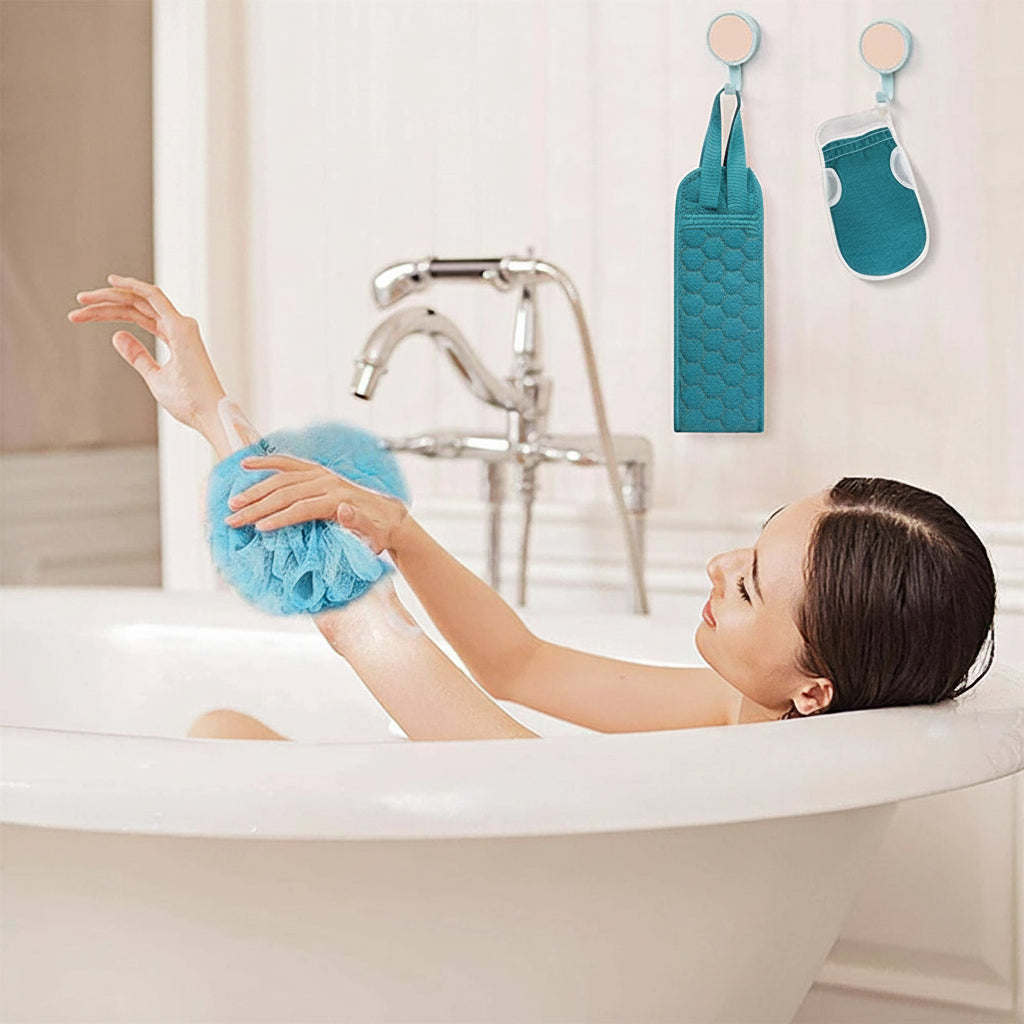 Exfoliating Body Scrubber Set — Back Scrubber, Bath Gloves & Loofah Sponge for Silky Smooth Skin